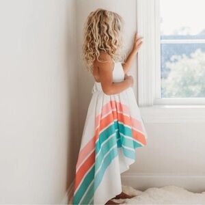 Girls White High-Low Sundress with Coral and Teal Stripes